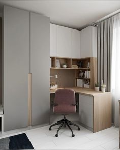 a room with a chair, desk and shelves on the wall next to a window