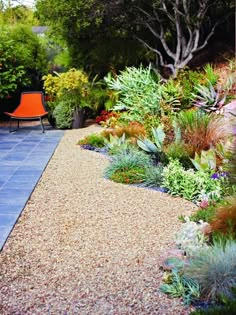 an outdoor patio area with gravel and plants