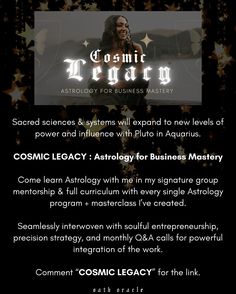 an advertisement for cosmic energy with the caption'cosmic legacy'in black and white