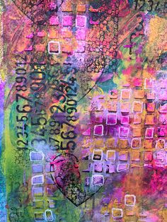 an abstract painting with lots of different colors and words on it's surface, including letters