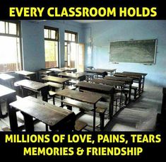 an empty classroom with lots of desks and chairs in front of a chalkboard