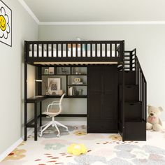 a loft bed with desk underneath it in a child's bedroom