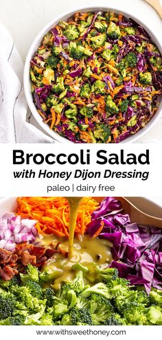 broccoli salad with honey dijon dressing in a white bowl on a table