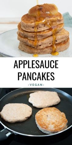 pancakes being cooked in a pan with syrup on top and the words, applesauce pancakes