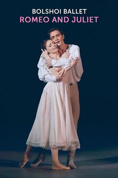 two people are hugging each other in front of a black background with the words bolshoi ballett, rome and julia