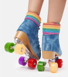 Retro Ravin' Denim Roller Skates get into the groove! T These Tie Dye Denim Quad Roller Skates have Rainbow Ombre Lace-Up closures, Multi Colored Wheels, Padded Rainbow Stripe Shafts, & Front Brake Stoppers. Top Sketches, Modern Oc, Silly Outfits, Quirky Shoes, Roller Skate Wheels, Quad Roller Skates, Dye Denim, Derby Outfits, Rainbow Ombre