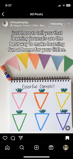 a notepad with an image of colorful triangles on it and the caption below