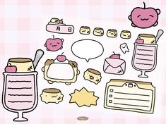 an image of some food and drinks on a pink checkered tablecloth with the words hello kitty above it