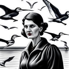 a black and white painting of a woman surrounded by birds flying over the water in front of her