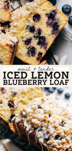 sliced lemon blueberry loaf on a cooling rack with the rest of the loaf in the background