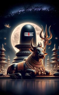 an artistic painting of a bull sitting in front of a temple with the moon behind it