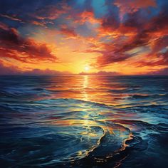 a painting of the sun setting over the ocean