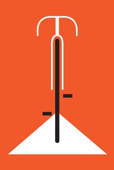 an orange and white poster with a bike on it's front wheel is shown