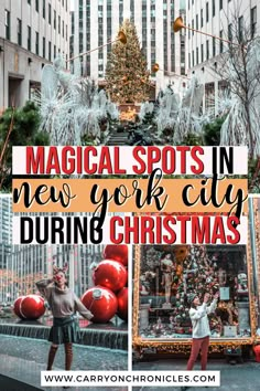 two girls standing in front of a christmas tree with the words, magic spots in new york city during christmas