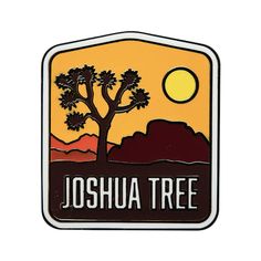 the joshua tree logo is shown in front of an orange sky and mountains with trees