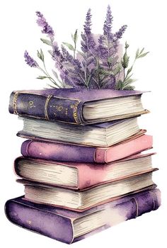 a stack of books with flowers on top