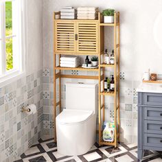 a bathroom with a toilet and shelves above it