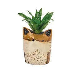 a small ceramic planter with a fox face on it's head and green plants in its mouth