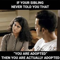 a man and woman sitting next to each other in front of a sign that says, if your sibling never told you that