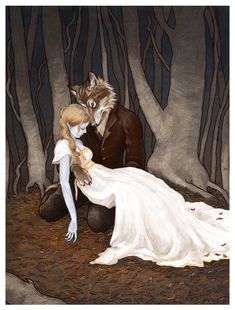 a painting of a man and woman in the woods