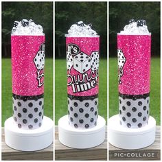 three pictures of a pink cup with polka dots and the words dunkin'time on it