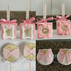 pink and gold decorated cookies with bows on them for a baby's first birthday