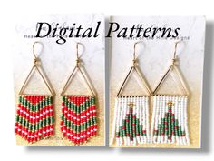 beaded christmas tree earrings in red, green and white