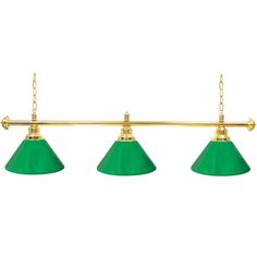 three green lamps hanging from the ceiling