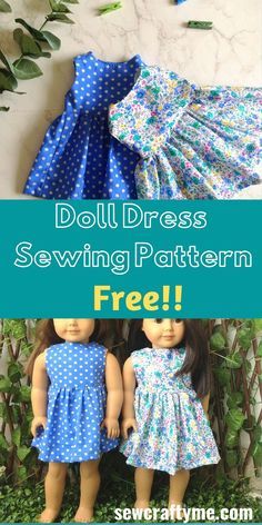 doll dress sewing pattern with two dolls in it and text overlay that reads doll dress sewing pattern free