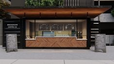 an outdoor coffee shop with menus on the outside wall and wood paneled roof