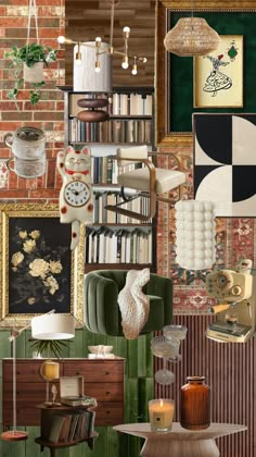 a living room filled with lots of furniture and bookshelves next to a brick wall