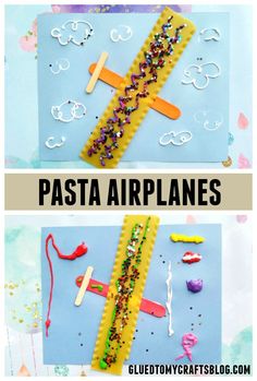 two pictures with the words pasta airplanes on them and an airplane made out of paper