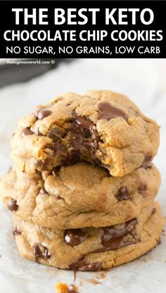 chocolate chip cookies stacked on top of each other with text overlay that reads the best keto chocolate chip cookies