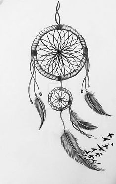 a drawing of a dream catcher with feathers