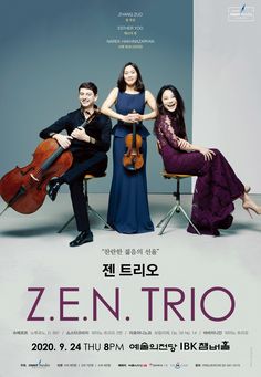 the poster for zen trio shows three people sitting in chairs and one woman standing behind them