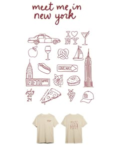 a t - shirt with the words meet me in new york on it and various icons