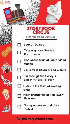 the storybook circus checklist is shown in red and white with an elephant on it