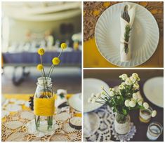 yellow flowers are in vases and on the table, along with white plates and napkins