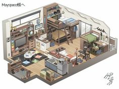 the floor plan of a home with furniture and kitchen area, including an open living room