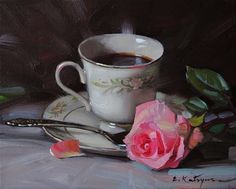 a painting of a cup and saucer with a pink rose