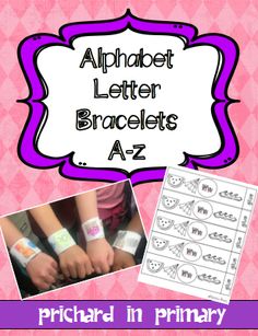 the alphabet letter bracelets are shown in purple and white with pictures of them on it