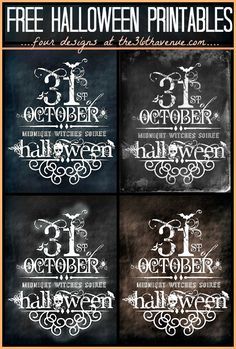 four halloween printables with the words, numbers and symbols in white on black