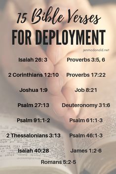 an open bible with the words, 15 bible verses for deployment