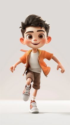 a cartoon boy in an orange jacket and white shirt is running with his feet spread out