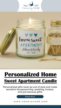 the personalized home sweet apartment candle is on display in front of a jar with matches