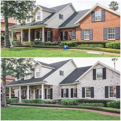 before and after photos of a house in the front yard, with landscaping around it