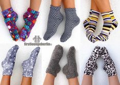 six pairs of women's socks with different patterns and colors, all showing their feet