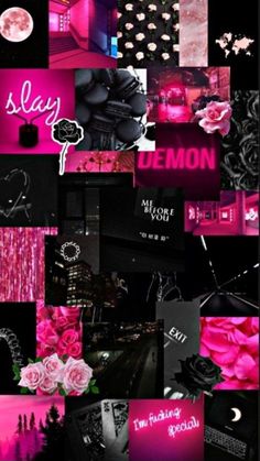 a collage of pink and black images