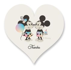 mickey and minnie mouse kissing in front of a heart with the word thanks written on it