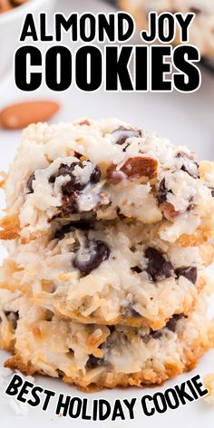 two cookies stacked on top of each other with the words almond joy cookies above them